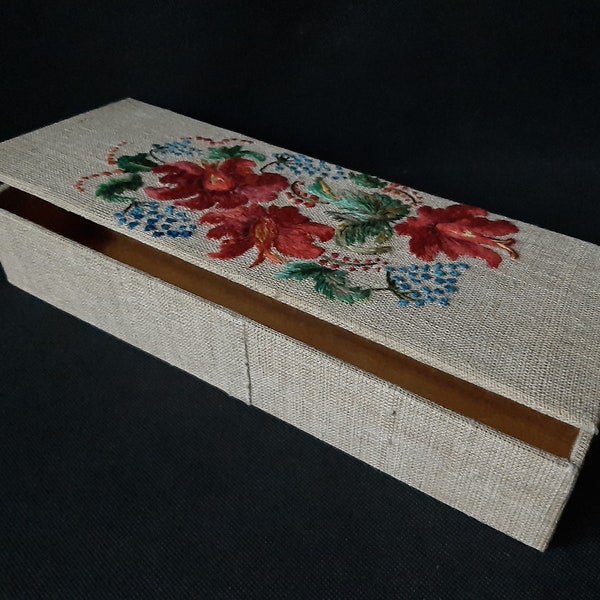 Vintage handmade embroidered jewelry storage box Folk art design box Wooden keepsake box vintage Linen covered box MADE in UKRAINE