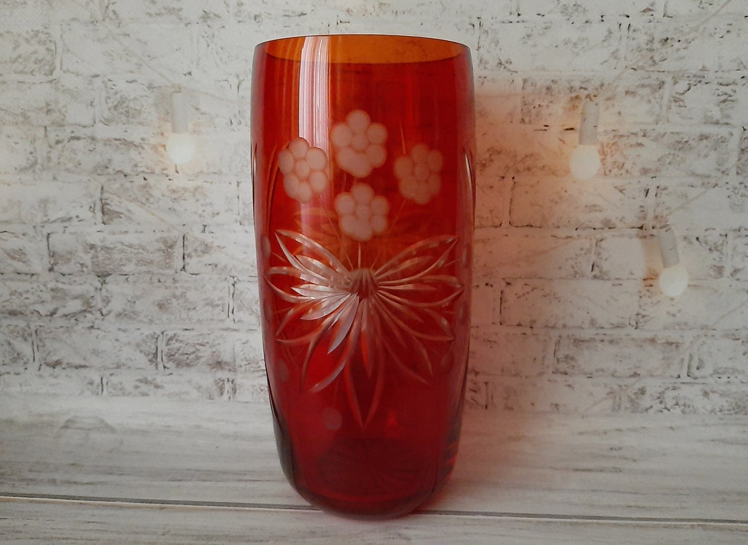 Vintage Red Crystal Vase Large Red Diamond Cut Vase Art Deco Etsy