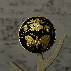 Vintage Spanish damascene brooch Black gold Damascene butterfly pin Damascene brooch pin Toledo Spain jewelry Spanish wedding gift