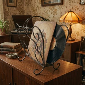 May include: A dark metal record holder with a twisted wire frame and decorative scrollwork feet. The stand features a central handle and holds a vintage vinyl record sleeve with a colorful illustration alongside a black vinyl record disc.