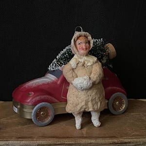 Vintage spun cotton girl with muff  Xmas ornament figurine doll with muff Spun cotton christmas ornament Spun cotton xmas tree decoration