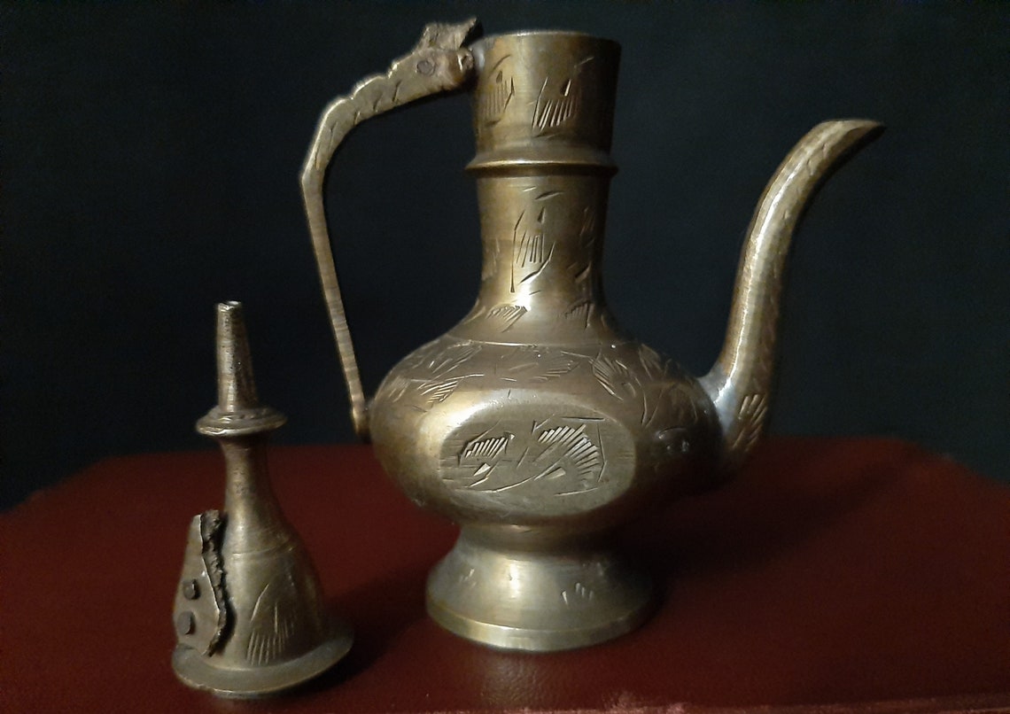Vintage Indian Etched brass teapot Vintage brass vessel Etsy