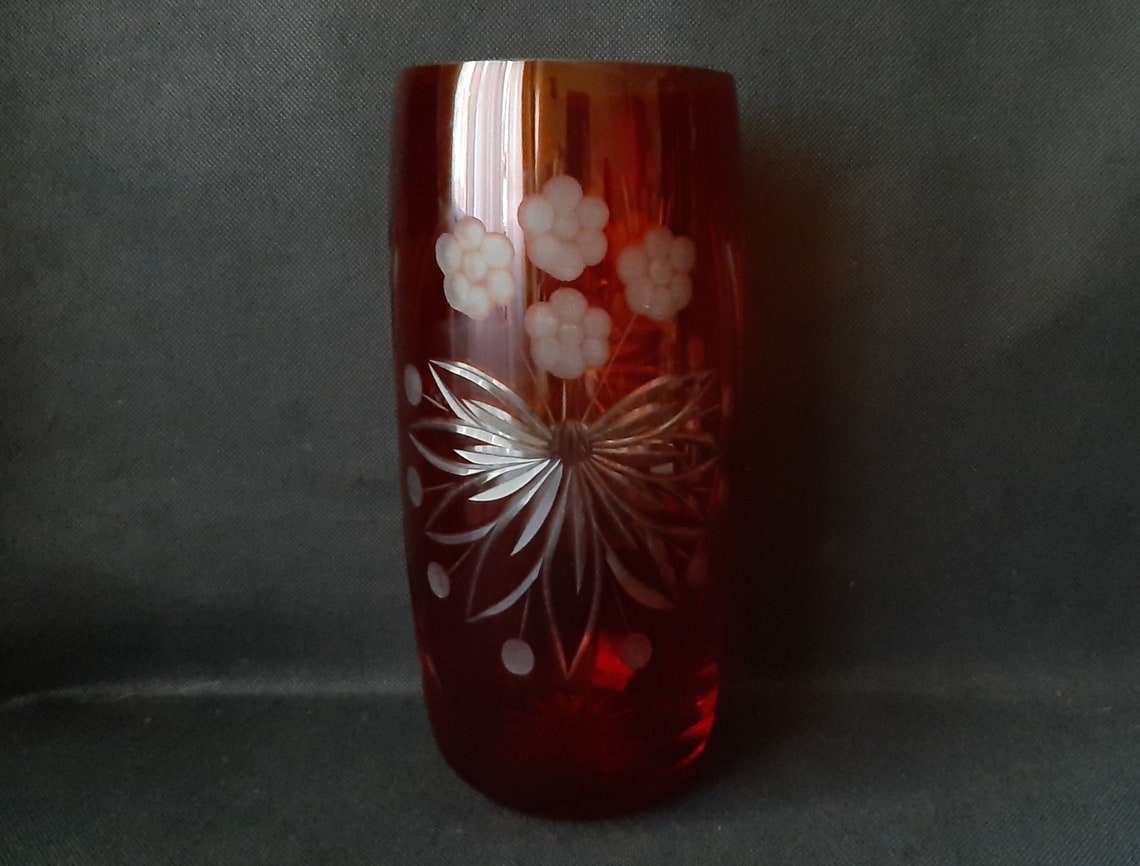 Vintage Red Crystal Vase Large Red Diamond Cut Vase Art Deco Etsy