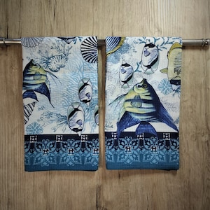 Tea Towel Set of 2 Cotton Eco-friendly towels Kitchen towels sea world hand towels dish towels Waffle towels Handmade