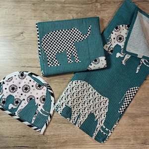 Kitchen set two kitchen towels + cup napkin, kitchen towels save the elephants, handmade towels
