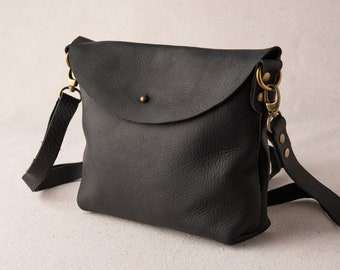 Black Leather Crossbody Bag - Adjustable and Removable Strap