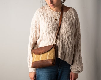 Crossbody Bag, Adjustable and Detachable Strap, Caramel Kodiak Leather - Handmade by Frankie and Company Leather - Straw with Cream Stripe