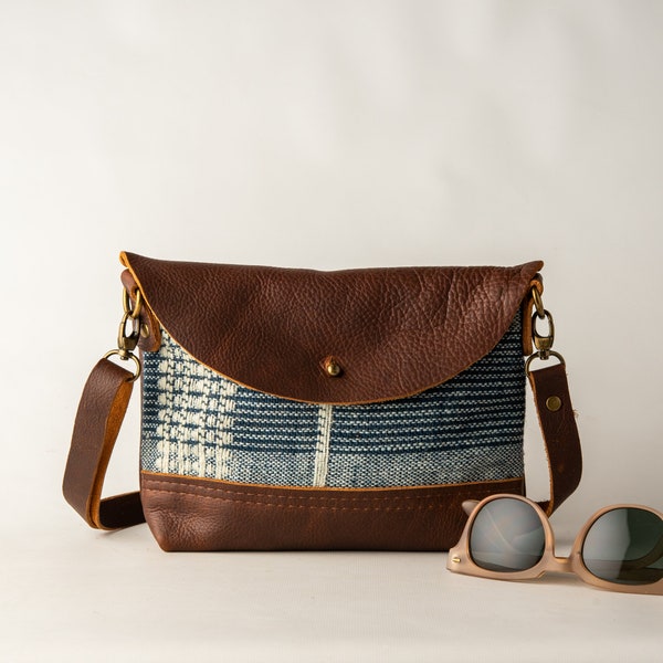 Crossbody Bag, Kodiak Leather, Navy Blue and Cream Plaid