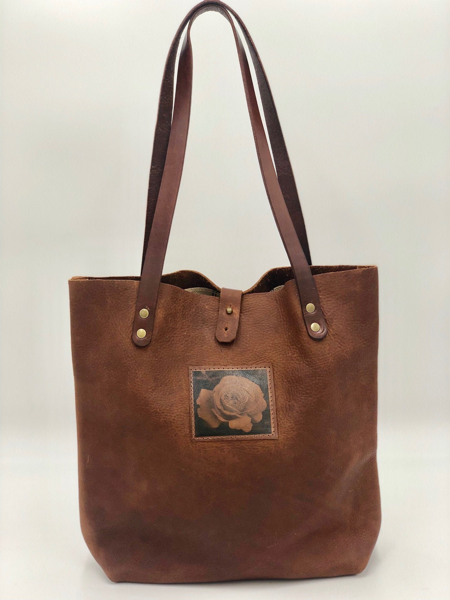 Brown Leather Tote Bag With Leather Photo Transfer of Garden Rose - Etsy Brown Leather Tote Bag With Leather Photo Transfer of Garden Rose - Etsy