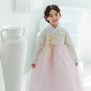 Ivory Pink Flower Dress Hanbok, Baby girl 1~8Ages, Korean 1ST Birthday Party, Dol Hanbok Set , Korean Traditional Dress, Korean Costume