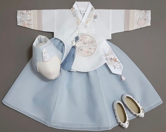 100days~15y/o Hyunji Sky Girl Hanbok, Two Designs Top, Dol, Baek-il, Hanbok Set, Baby Girl Kids Hanbok, Korean Dress