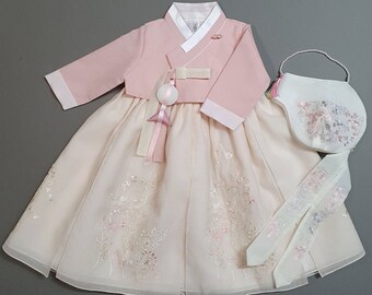 Flower Lace Blush Dress HANBOK, 100Days ~9Ages,  Korean 1ST Birthday Party, Dol, Hanbok Set , Korean Traditional Dress, Korean Costume