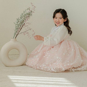 Champagne Lace Dress Hanbok, 1~10y/o Girl, Modern Hanbok, Korean 1ST Birthday Party, Dol, Hanbok Set, Korean Traditional Dress