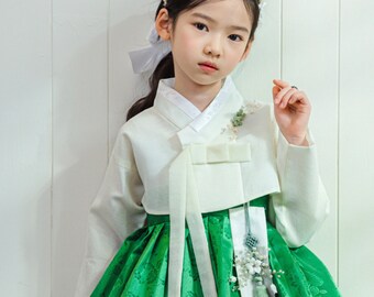 100~15y/o Heejin Ivory Green Hanbok, Girl Hanbok, Dol, Baek-il, Hanbok Set, Baby Girl Kids Hanbok, Korean Dress