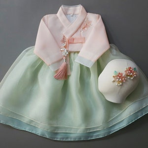 1~8 ans Miho Robe verte superposée Hanbok, Fille Hanbok, Robe Hanbok moderne, Dol, Baek-il, Hanbok Set, Baby Girl Kids Hanbok, Robe coréenne