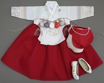 100days~15y/o Hyunji Red Girl Hanbok, Two Designs Top, Dol, Baek-il, Hanbok Set, Baby Girl Kids Hanbok, Korean Dress