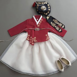 Yoonju Red Girl Dress Hanbok, Size 1~8y/o, Korean 1ST Birthday Party, Dol, Hanbok Set , Baby Girl Habok