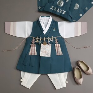 Saekdong Teal Hanbok, Boy 100days~1years, Korean 1ST Birthday Party, Dol, Hanbok Se , Boy Hanbok