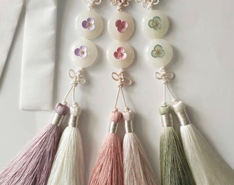 Mini Floral Button Tassel Norigae, 3 Colors, Accessory for Hanbok, 노리개, Dol, Baek il, Korean, Hanbok