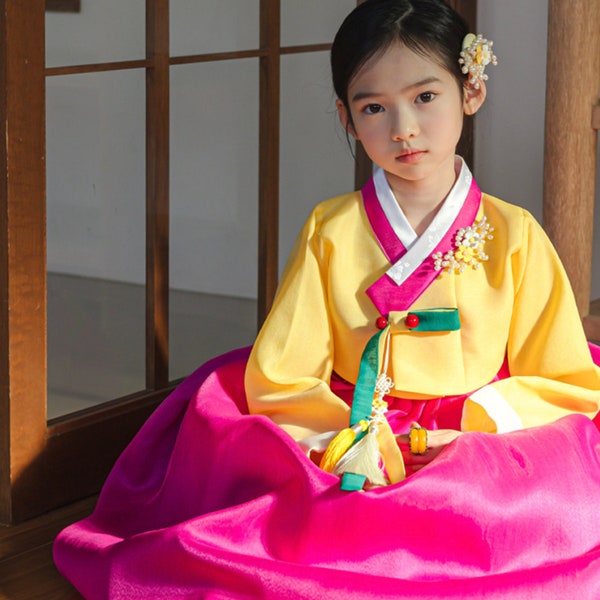 Hanbok Sohye jaune magenta, 1 ~ 12 ans, hanbok pour fille, dol, baek-il, ensemble hanbok, hanbok pour petite fille, robe coréenne