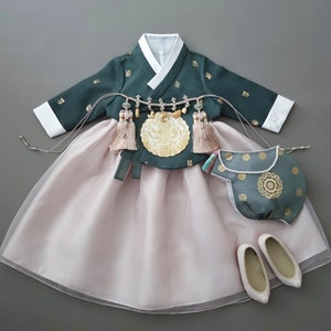 Hyunbi Green Beige HANBOK, 1~9y/o Girl, Korean 1ST Birthday Party, Dol, Baekil, Hanbok Set, Baby Girl Hanbok