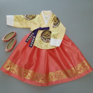 Royalty Yellow/Coral Girl HANBOK, 100Days~12y/o, Korean 1ST Birthday Party, Dol, Hanbok Set  Korean Traditional Dress
