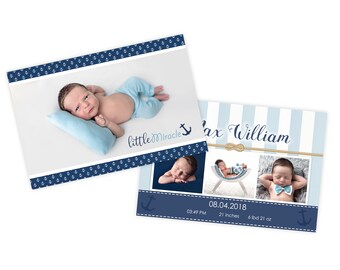 Boy birth announcement card template, nautical theme, newborn baby announcement card, birth announcement template