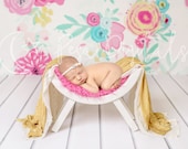 White Curved Chair Newborn Digital Backdrop, Easter Theme Flower Backdrop Digital Newborn Background Wooden newborn photo prop