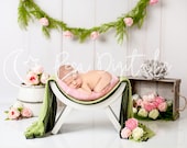 White curved chair digital backdrop newborn, Spring digital background, Newborn photography vintage floral backdrop, Flower digital backdrop