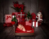 Christmas Digital Newborn Backdrop, Gift boxes and Santa background for newborn boy or girl, brown background and christmas scenery