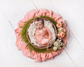Digital Newborn Backdrop with flowers, wooden bowl and pink fabric, newborn photography background