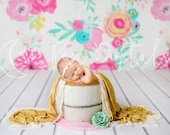 Spring Theme Digital Backdrop Newborn Background White Bucket, Natural Colors Flower Background, Wooden bucket photo prop Infant backdrop