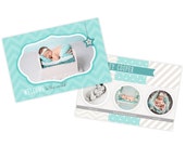 Turquoise blue newborn birth announcement template, newborn baby announcement card