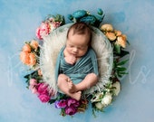 Floral Digital Newborn Backdrop, wooden bowl with flowers and sky background