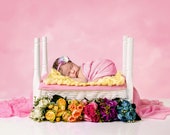 Newborn digital backdrop white wooden bed, Flower backdrop girl Digital background flower theme  Wooden bed newborn photo prop Floral bed