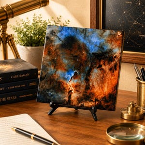 May include: A square decorative tile featuring a high-resolution print of the Eagle Nebula, displaying vibrant orange, deep brown, and bright blue cosmic clouds with scattered stars, supported by a black plastic display stand on a wooden desk.