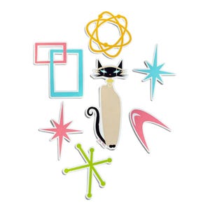 May include: A collection of die-cut stickers featuring a stylized Siamese cat, a yellow atom symbol, two rectangular frames in pink and blue, a pink boomerang shape, a lime green starburst, and two four-pointed starbursts in pink and light blue.