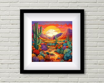 Könnte beinhalten: Ein gerahmter digitaler Kunstdruck, der eine Wüstenlandschaft mit einem großen Saguaro-Kaktus im Vordergrund zeigt, umgeben von bunten Blumen und einer untergehenden Sonne im Hintergrund.