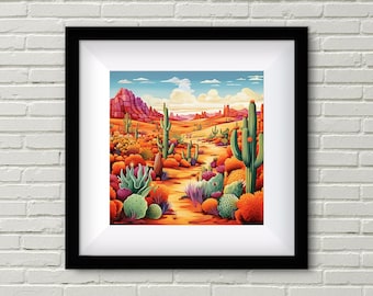 Könnte beinhalten: Eine gerahmte Illustration einer Wüstenlandschaft mit einem Pfad, der durch eine Vielzahl von Kakteen und Sukkulenten führt. Der Himmel ist blau mit weißen Wolken und die Berge im Hintergrund sind rot.