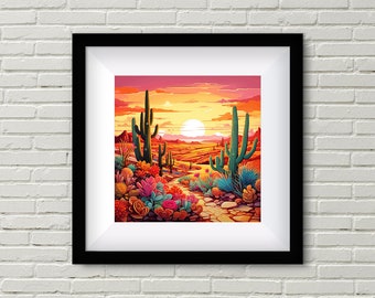 Könnte beinhalten: Ein farbenfrohes Gemälde einer Wüstenlandschaft mit einem Sonnenuntergang im Hintergrund. Das Gemälde zeigt eine Vielzahl von Kakteen und anderen Wüstenpflanzen, darunter einen großen Saguaro-Kaktus in der Mitte. Die Sonne geht hinter den Bergen in der Ferne unter und wirft einen warmen Schein auf die Szene.