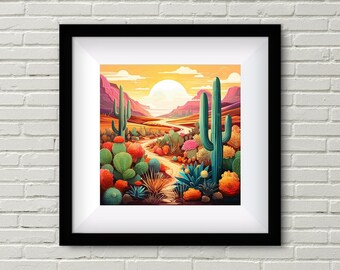 Könnte beinhalten: Eine farbenfrohe Illustration einer Wüstenlandschaft mit einem gewundenen Pfad, der zu einer strahlenden Sonne führt. Die Szene zeigt eine Vielzahl von Kakteen und Sukkulenten in Grün-, Rot- und Gelbtönen.