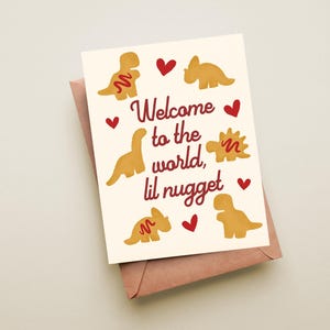 Carte de voeux de bienvenue petite pépite de bébé, carte pour un nouveau bébé, pépites de dinosaures, carte de bébé mignon