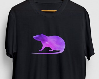 May include: Black t-shirt with a purple and pink galaxy rat silhouette graphic.