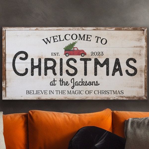 Welcome to Christmas At the Sign Custom Family Name Old Fashioned Farmhouse Christmas Personalised Rustic Santa Christmas Decor Canvas Art