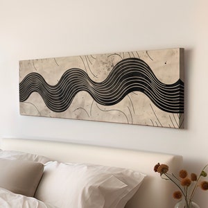 Minimalist Waves Long Horizontal Wall Art For Living Room, Panoramic Earthy Canvas Print, Peaceful Decor Canvas Art