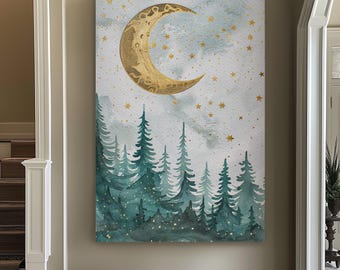 Notte stellata sopra i pini Arte murale verticale Foresta incantata, Decor Fantasy Forest Stampa su tela, Fattoria Cabin Grande tela artistica