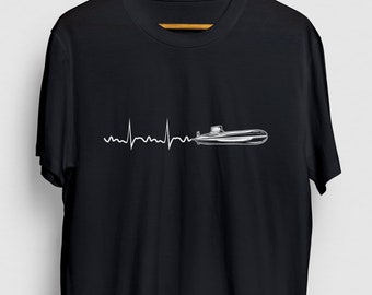 May include: Black t-shirt with a white graphic of a submarine and a heartbeat line.