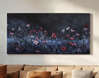 Wildflower Field at Night Canvas Wall Art For Living Room, Landscape Floral Canvas Print, Vintage Large Canvas Art