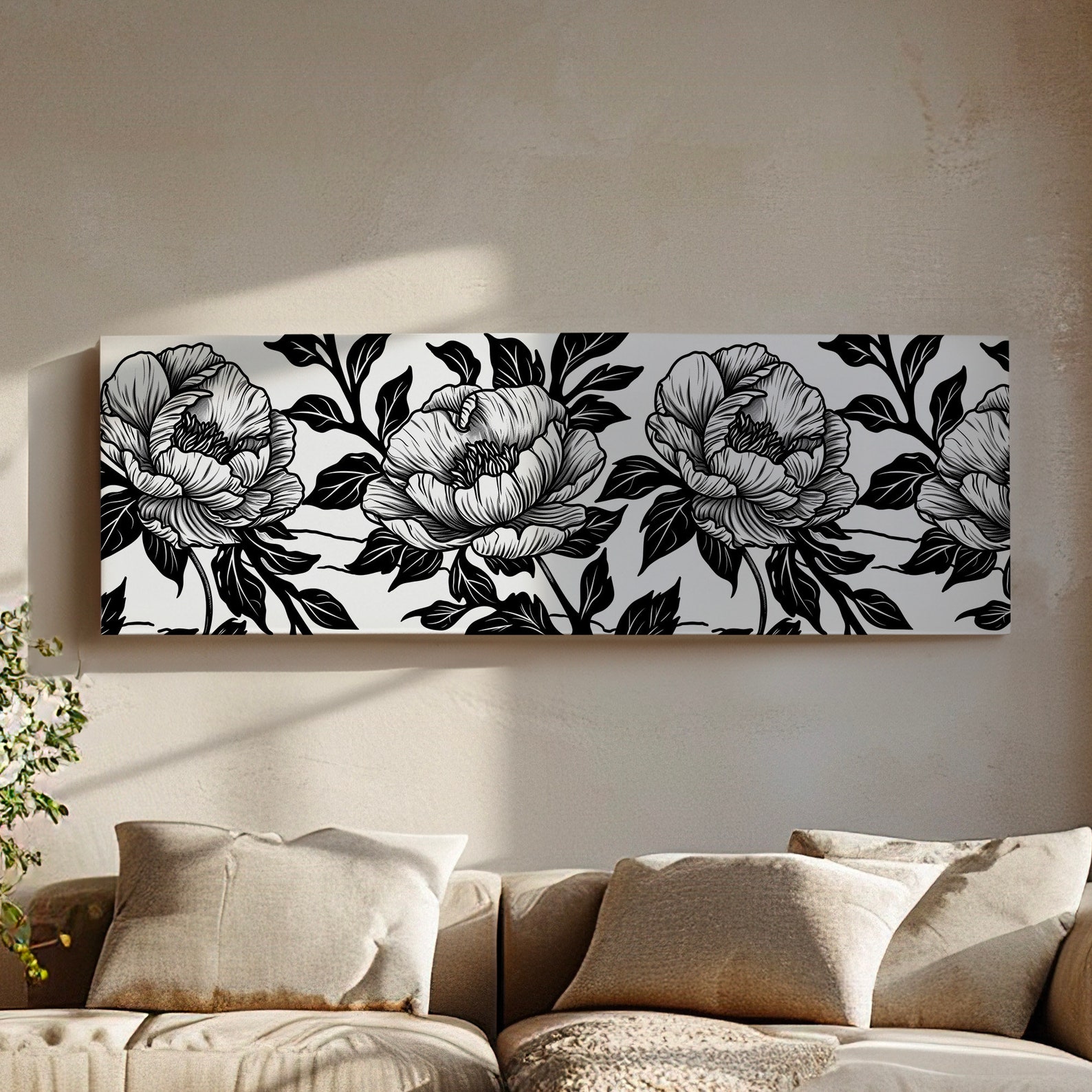 Peony Linocut Above Bed Wall Art Baroque Bouquet, Panoramic Floral ...