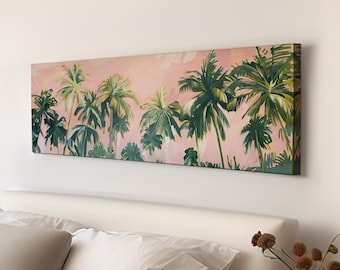 May include: A long, horizontal canvas print featuring a pink sunset with a silhouette of palm trees in shades of green.